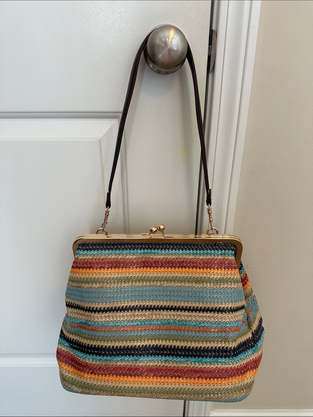 Striped Multicolor Crochet Frame Clutch with Gold-Tone Hardware